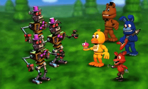 a group of five nights at freddy 's characters are standing in a field surrounded by pizzas .