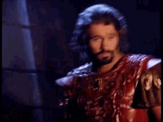 a man with a beard and long hair is wearing a red and gold armor .