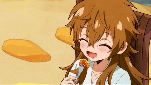 a girl with long brown hair is eating a piece of food
