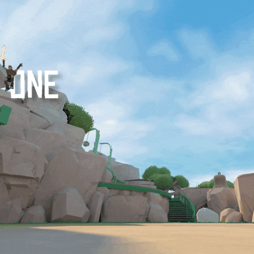 a cartoon landscape with the word one in white