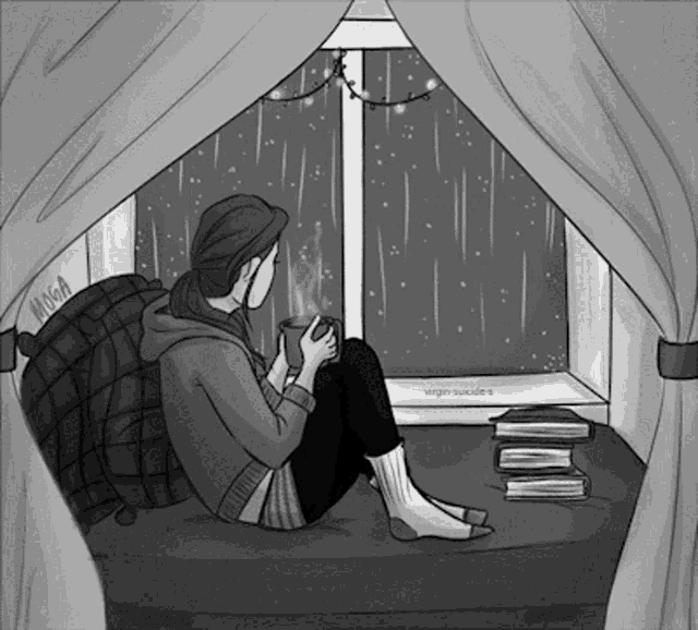 a black and white drawing of a woman sitting in front of a window drinking a cup of coffee