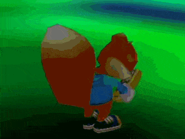 a cartoon squirrel wearing a blue shirt and black shoes is standing on a green field .