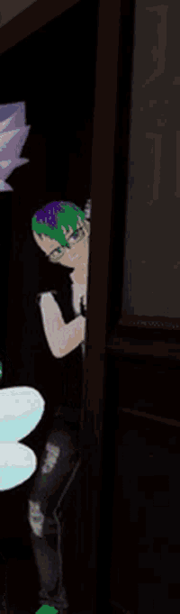 a cartoon character with green hair and purple hair