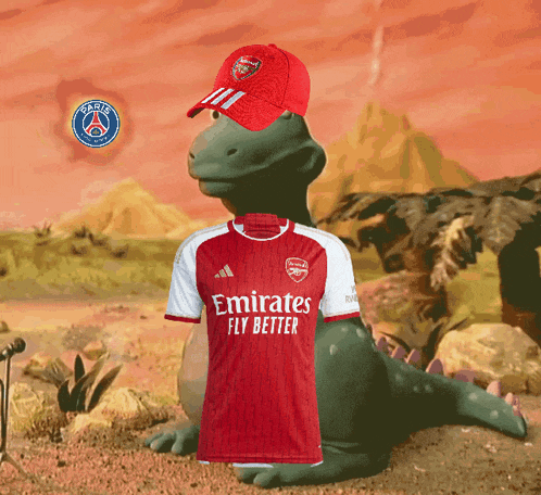 a dinosaur wearing an emirates fly better shirt