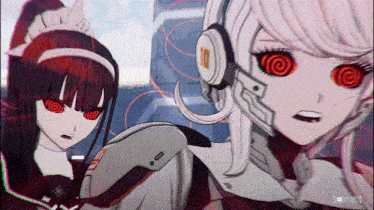 a screenshot of a video game shows a girl with headphones and red eyes