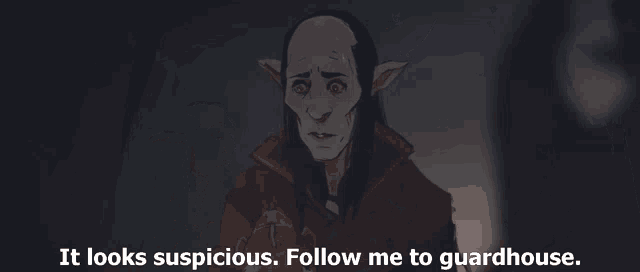 a cartoon character says it looks suspicious follow me to guardhouse .