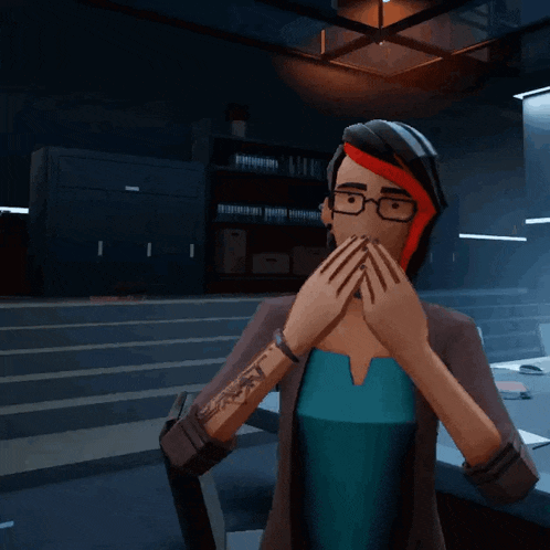 a cartoon character with a tattoo on her arm is covering her mouth