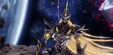 a cartoon character with long hair and a sword stands in front of a planet
