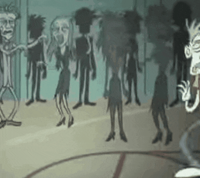 a cartoon of a group of people dancing in a gym .
