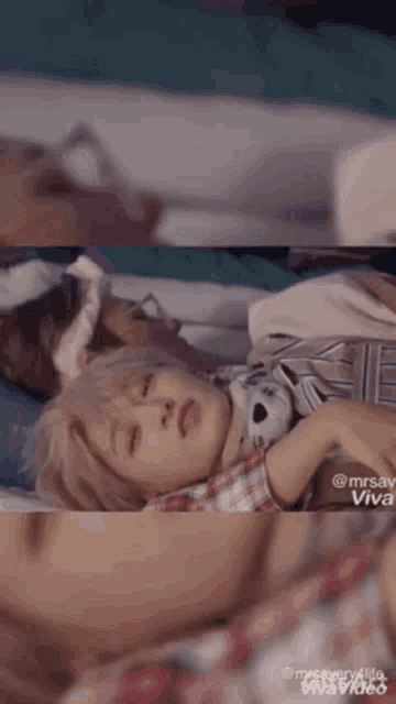 a woman is laying on a bed with her eyes closed and the words viva video on the bottom