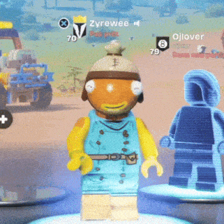 a lego figure is standing in front of a screen that says zyrewee on it