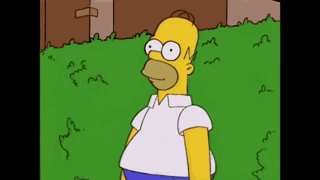 homer simpson is standing in the grass wearing a white shirt