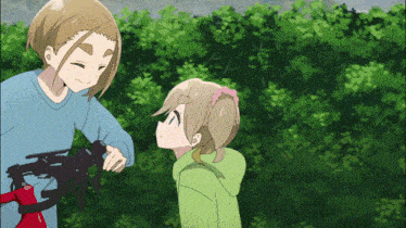 a couple of anime characters standing next to each other in front of trees