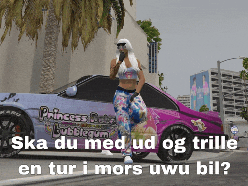 a woman stands in front of a purple car that says princess bubblegum