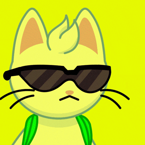 a cartoon cat wearing sunglasses and a backpack on a blue background