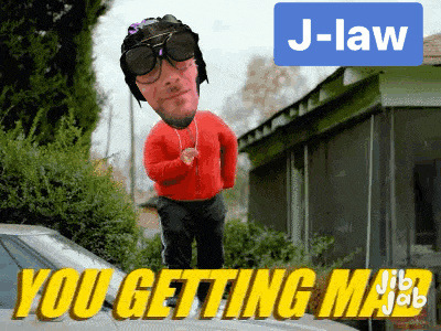 a cartoon of a man standing on top of a car with the words " you getting mad "