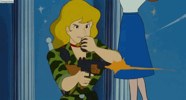 a cartoon of a woman holding a gun with the words unregistered at the top