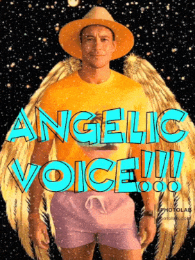 a man wearing a yellow shirt and a hat has angel wings and the words angelic voice