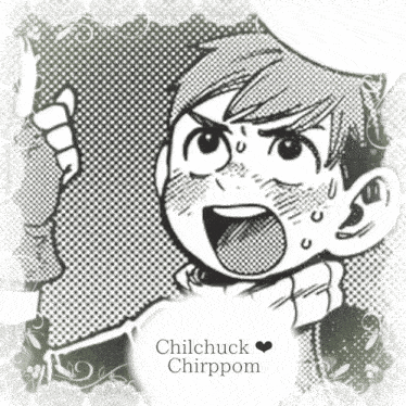 a black and white drawing of a boy with the name chilchuck chirppom on the bottom