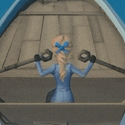 a woman in a blue dress is rowing a boat with her arms outstretched