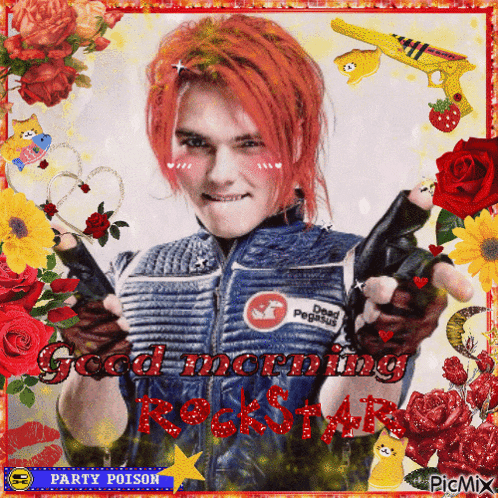 a picture of a man holding two guns with the words good morning rockstar on it