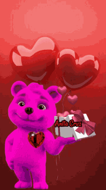 a pink teddy bear is holding a gift with anita cruz written on the bottom