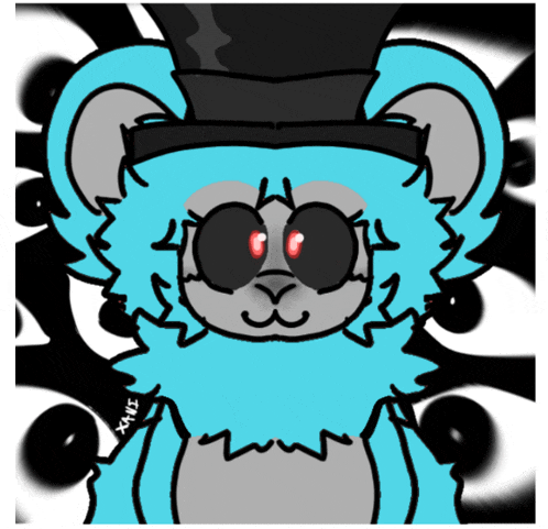 a drawing of a teddy bear with red eyes and a top hat