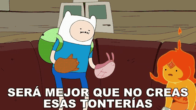 a cartoon of finn and flame princess with the words sera mejor que no creas esas tontarias