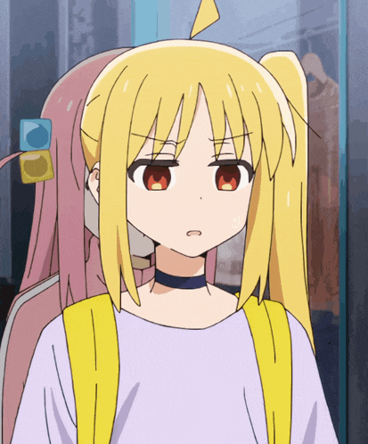 a girl with blonde hair and red eyes is wearing a choker and a yellow backpack