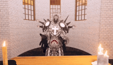a video game character with a cross on his chest is sitting at a table