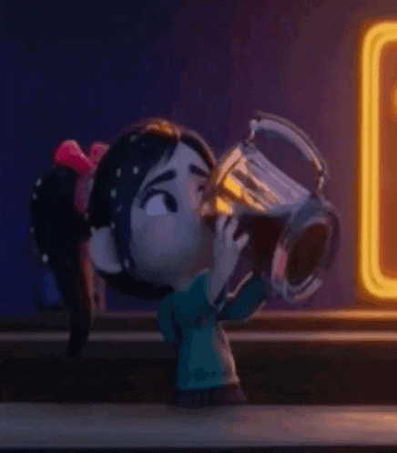 a cartoon girl is drinking from a glass while sitting at a table .
