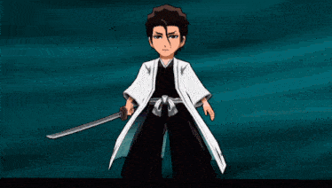 a cartoon character is holding a sword in front of a blue background