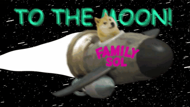 a dog is riding a rocket with the words to the moon family sol