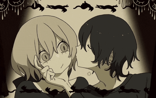 a black and white drawing of a boy and girl kissing