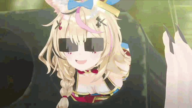 a blonde anime girl wearing sunglasses and a hat is being held by a hand .