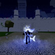 a video game character is standing in front of a building
