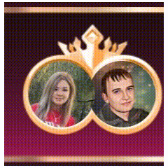 a man and a woman are in gold frames on a purple background .