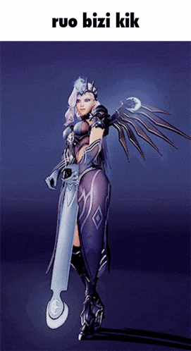 a picture of a woman with wings and a sword with the words ruo bizi kik above her