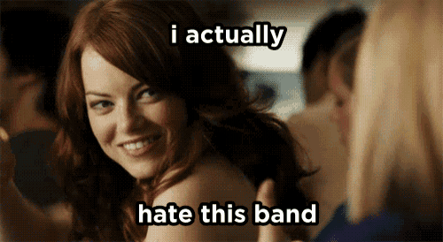 a picture of a woman with the words i actually hate this band below her