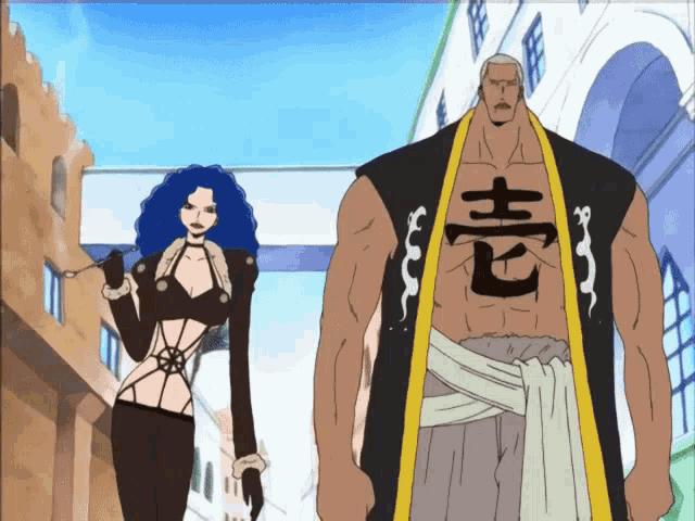 a man with chinese writing on his chest is standing next to a woman with blue hair