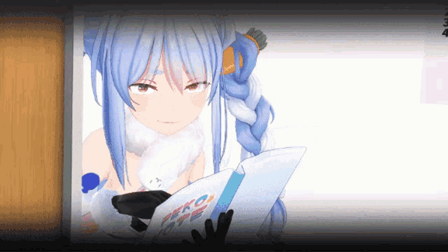 a girl with blue hair is reading a book that says " tokyo " on it