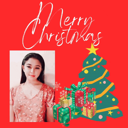 a merry christmas card with a picture of a girl and a christmas tree
