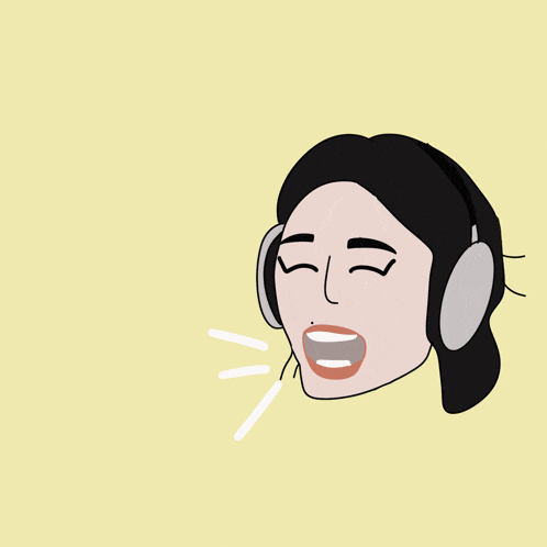 a cartoon drawing of a woman wearing headphones and singing