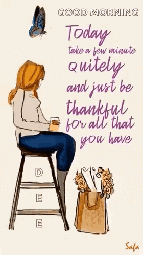 a woman is sitting on a stool holding a cup of coffee and a bag of flowers .