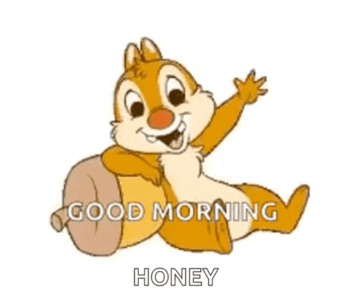 a cartoon chipmunk is sitting on an acorn and waving while saying good morning honey .
