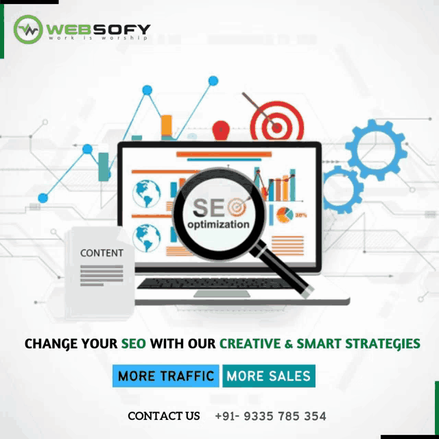 an advertisement for websofty shows a magnifying glass over a laptop