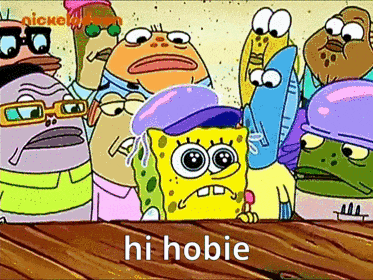 a group of cartoon characters including spongebob are standing around a wooden table with the words hi hobie written on the bottom