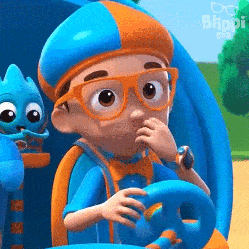 blippi is a cartoon character that is driving a car and covering his nose .