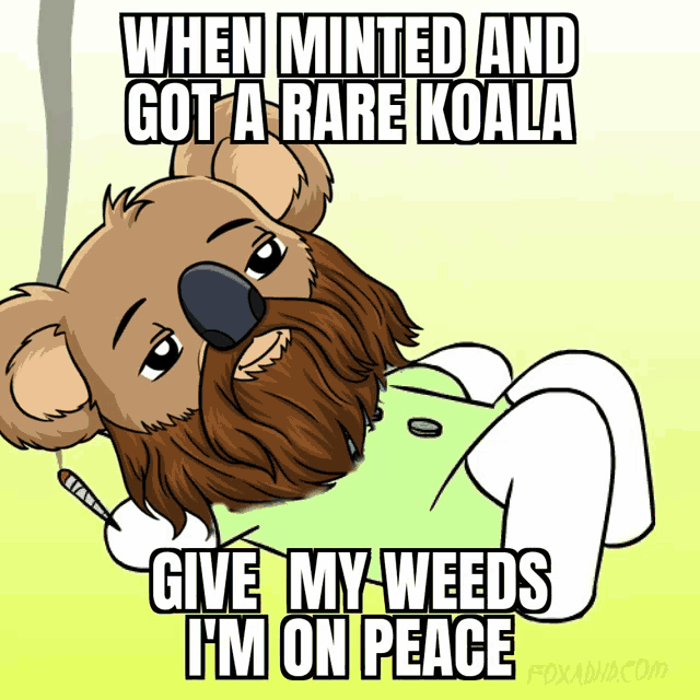 a cartoon koala with a beard is laying down with a cigarette in its mouth