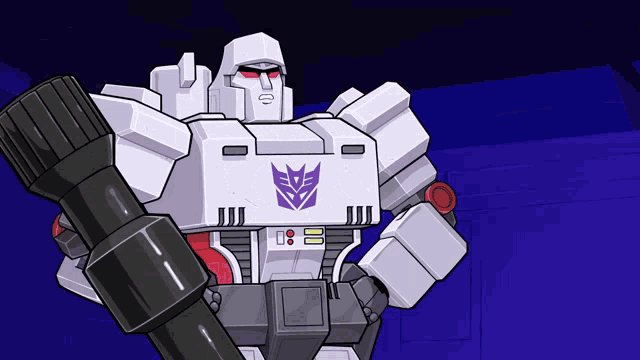 a cartoon drawing of a robot with a purple transformer symbol on his chest